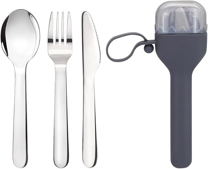 Sophico Travel Utensils Set for Camping and Kids Lunch Box, Stainless Steel Fork and Spoon, Knife Silverware Flatware Sets with Silicone Case - Portable & Leak-proof, Dishwasher Safe (Dark Grey)