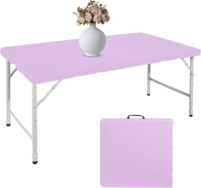 4 FT Folding Table with Carry Handle, Portable Fold-in-Half Plastic Table, Rectangle Foldable Table for Indoor/Outdoor Purple