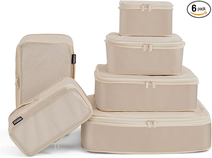 6 Set Compression Packing Cubes, Suitcase Storage Bags for Clothes and Travel Essentials (Classic Khaki)