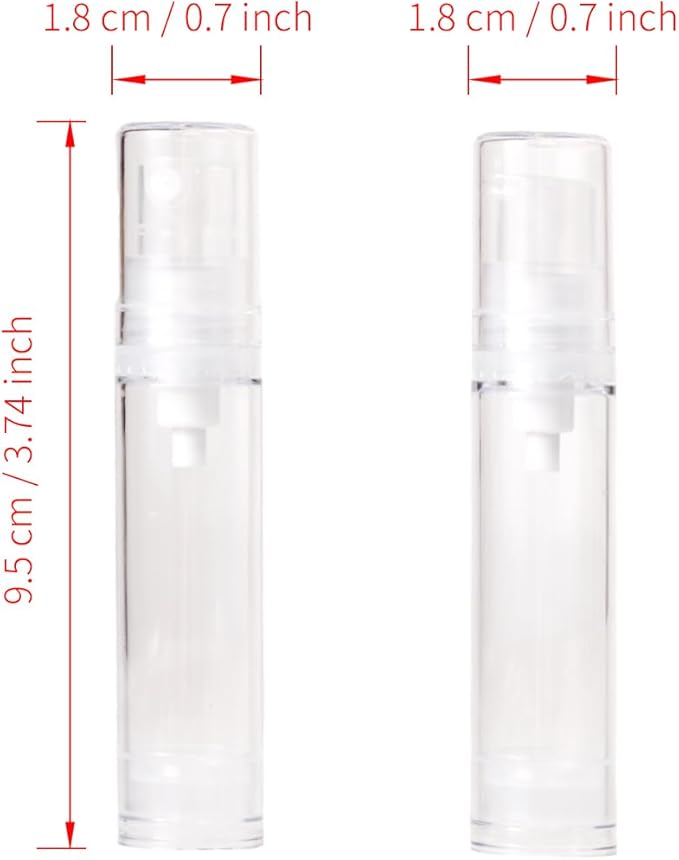 4Pcs 0.34 oz Airless Travel Pump Bottles - 3.7×0.7 inch Refillable Clear Cosmetic Containers Leak‑Resistant for Lotion Shampoo Serum（Spray+Lotion）