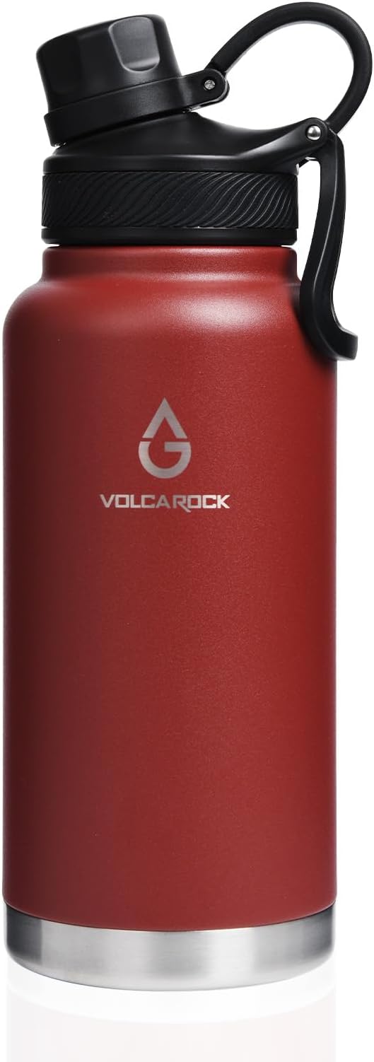 Insulated Sports Water Bottle with Straw Lid Dustproof, 3 Lids, 24/32/40/64 oz Dishwasher Safe & BPA Free Double Wall Stainless Steel Water bottle, Leakproof & Sweat Free -32 Oz Brick Red