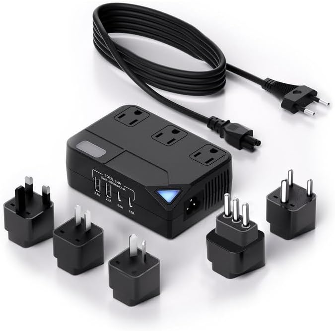 Universal 100V-220V Travel Converter，250W Voltage Converter with 2 USB and 2 USB-C Charging Ports and 3 AC Plugs for curlers, straighteners, Included Plugs are Type A, C, D, G, I, L