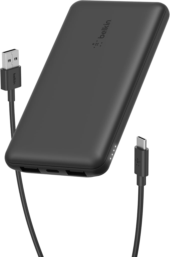 Belkin Portable Charger, USB C Power Bank 10000 mAh w/ 2xUSB-A Ports, 15W w/ Type-C to Type-A Cable for iPhone 17, Air, Pro, Samsung Galaxy S25, Nintendo Switch 2, Google Pixel 10, etc. - Black