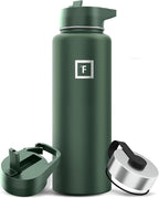 IRON °FLASK Camping & Hiking Hydration Flask with 3 Lids - Stainless Steel, Double Walled & Vacuum Insulated Water Bottle - Leak Proof & BPA Free (Sage, Straw - 40 oz)