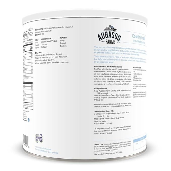 Augason Farms Country Fresh Instant Nonfat Dry Milk Can, Emergency Food Supply, Everyday Meals, 39 Servings