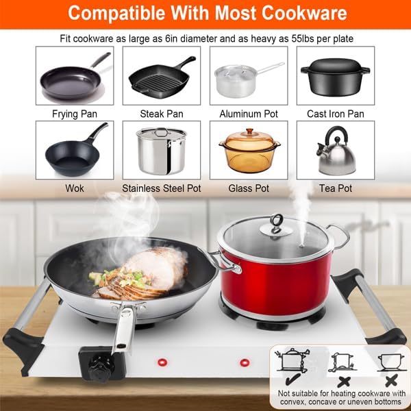 Hot Plate, 2000W Portable Electric Double Burner W/5 Level Temperature Control & Stay Cool Handles, Easy to Clean, Lightweight Cast Iron Electric Stove for Kitchen Camping Cooking, 110V