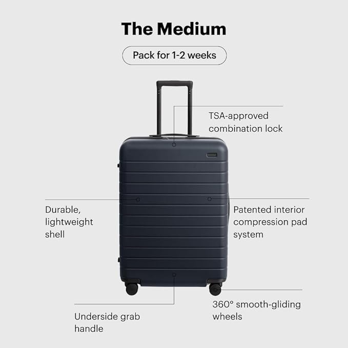 Away Medium Checked Luggage, Lightweight Hard Shell Suitcase with Spinner Wheels, Durable Rolling Luggage, TSA Lock, 26 Inch, Jet Black