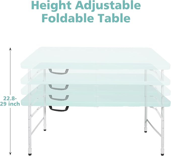 4 FT Folding Table with Carry Handle, Portable Fold-in-Half Plastic Table, Rectangle Foldable Table for Indoor/Outdoor Blue