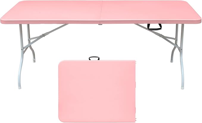 6 FT Folding Table with Carry Handle, Portable Fold-in-Half Plastic Table, Rectangle Foldable Table for Indoor/Outdoor Pink
