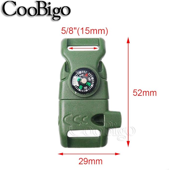 10Pack 5/8" Compass Whistle Buckle Plastic Paracord Bracelet Outdoor Camping Emergency Survival Travel Kits (MilitaryGreen)