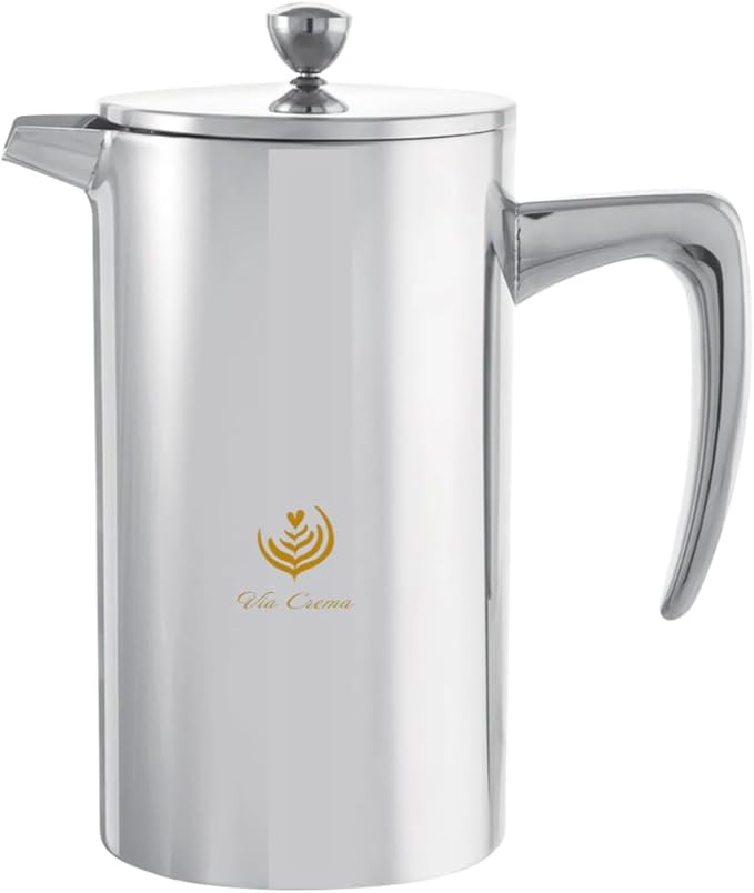VIA CREMA French Press Coffee Maker, Stainless Steel with Glass Carafe, 1000ml/34oz or 800ml/27oz Capacity