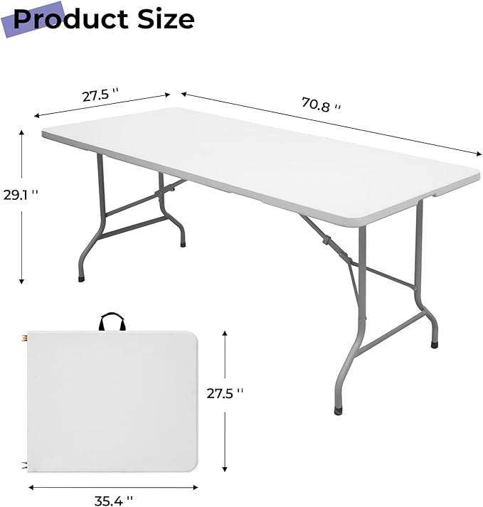 Folding Table 6ft Portable Heavy Duty Plastic Fold-in-Half Utility Foldable Table Plastic Dining Indoor Outdoor for Camping, Picnic and Party, White