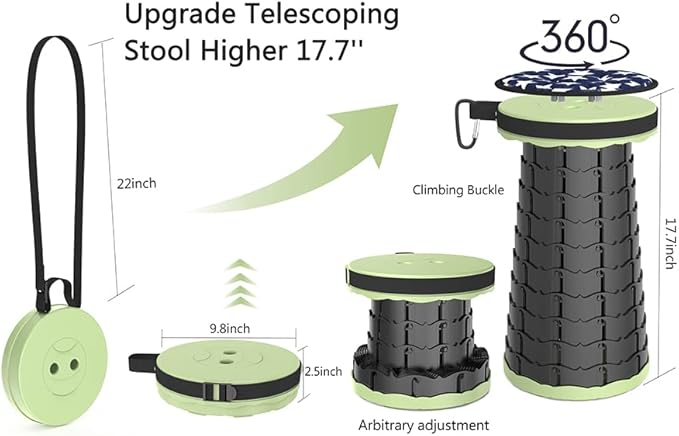 ALEVMOOM Upgraded Collapsible Stool with Cushion & Carry Bag, 500lbs Max Weight Portable Telescoping Stool, More Sturdy Lightweight Retractable Seat Folding Chair for Camping & Outdoors