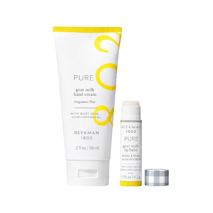 Beekman 1802 Pure Goat Milk Hand Cream & Lip Balm Set – Hydrating Skincare Duo for Dry Hands & Chapped Lips – Moisturizing Hand Lotion & Lip Care Gift Set, Travel Size – Fragrance Free