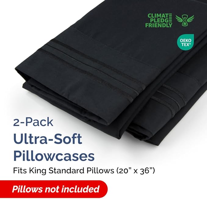 King Standard Pillow Cases Set of 2 - Soft Hotel Quality Pillowcase Covers - Comfy Bedding for Women, Men, Kids & Teens - Machine Washable Pillow Protectors - 2 Piece Set - King Standard Size Black