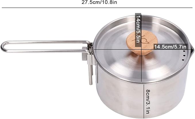 TOPINCN 1000ml Camping Pot, Stainless Steel Portable Outdoor Tea Coffee Pot Portable Cooking Pot with Detachable Handle for Outdoor Picnic Hiking