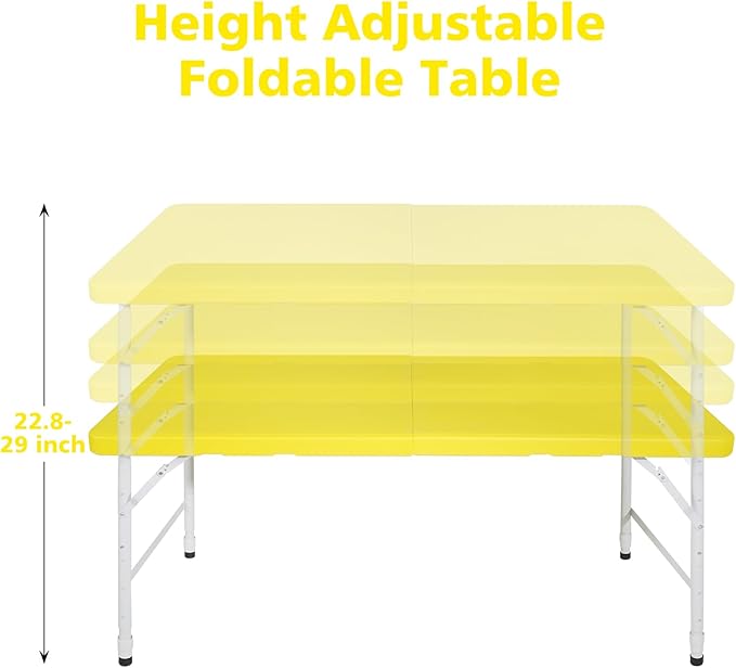 4 FT Folding Table with Carry Handle, Portable Fold-in-Half Plastic Table, Rectangle Foldable Table for Indoor/Outdoor Yellow