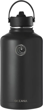 Oceania Flask 64oz Stainless Steel Water Bottles | Modern, Leakproof, Vacuum Insulated with 3 Lids, 3 Straws & 2 Straw Cleaning Brushes | Simple Lightweight Camping & Hiking Hydration Canteens