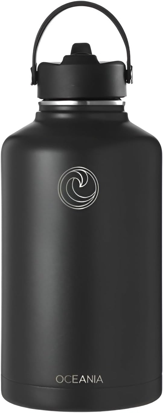 Oceania Flask 64oz Stainless Steel Water Bottles | Modern, Leakproof, Vacuum Insulated with 3 Lids, 3 Straws & 2 Straw Cleaning Brushes | Simple Lightweight Camping & Hiking Hydration Canteens