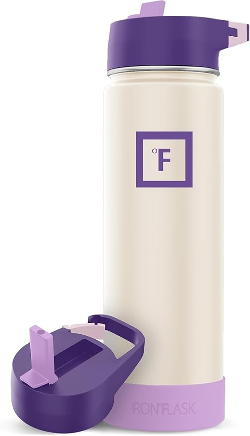 IRON °FLASK Camping & Hiking Hydration Flask with Straw Lid & Boot - Stainless Steel, Double Walled & Vacuum Insulated Water Bottle - Leak Proof & BPA Free (Cream & Berries, Straw - 22 oz)