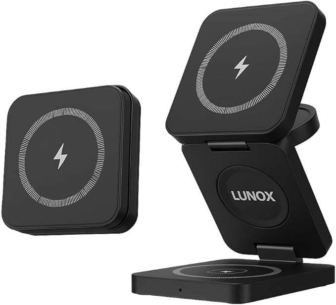 LUNOX 3-in-1 Wireless Charger for iPhone - Apple Watch & AirPods - Foldable Magnetic Fast Charging Dock - Black - White