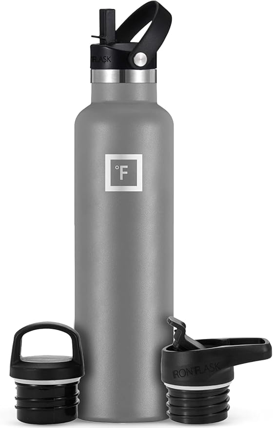 IRON °FLASK Camping & Hiking Hydration Canteens - 3 Lids (Narrow Straw Lid) Leak Proof Vacuum Insulated Stainless Steel - Hot & Cold Double Walled Sports Water Bottle - Graphite, 24 Oz