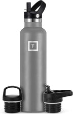 IRON °FLASK Camping & Hiking Hydration Canteens - 3 Lids (Narrow Straw Lid) Leak Proof Vacuum Insulated Stainless Steel - Hot & Cold Double Walled Sports Water Bottle - Graphite, 24 Oz