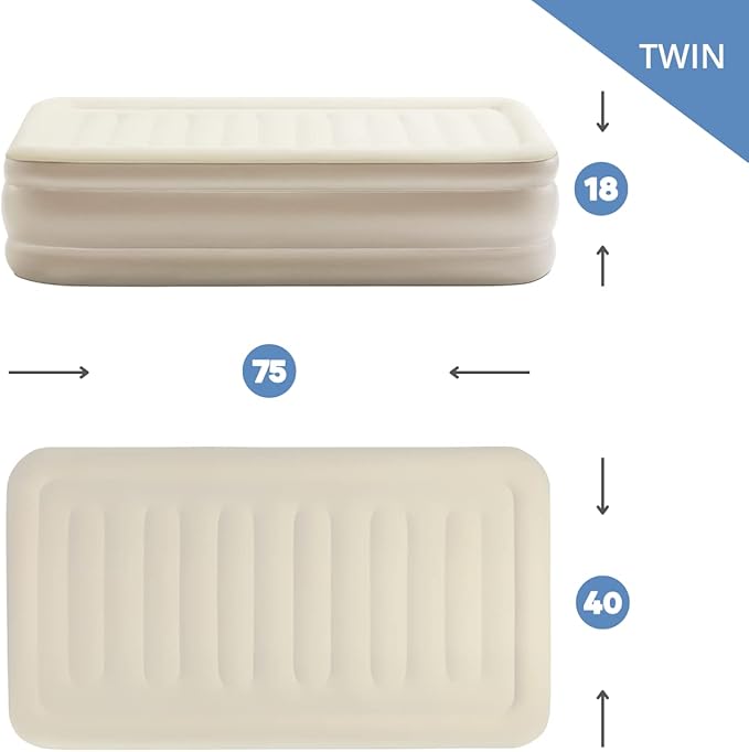 Simpli Comfy 18” Twin Inflatable Air Mattress with Built-in Dual Pump, Elevated, Adjustable Firmness, Self-Inflating Blow-Up Mattress with Storage Bag for Home, Guest, Travel, Camping, Relocation