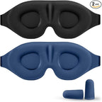 Luxury Sleep Mask – Pack of 2 Ultra-Soft Silk Eye Covers with Adjustable Strap & Soft Ear Loops, 3D Contoured Light Blocking Sleeping Mask for Travel, Naps & Relaxation(Black & Blue)