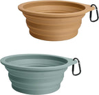 PetBonus 2-Pack Silicone Collapsible Dog Bowls, BPA Free Dishwasher Safe, Portable Foldable Expandable Travel Bowl, Food Water Feeding Cup Dish for Dogs Cats with 2 Carabiners (Turquoise, Tan)
