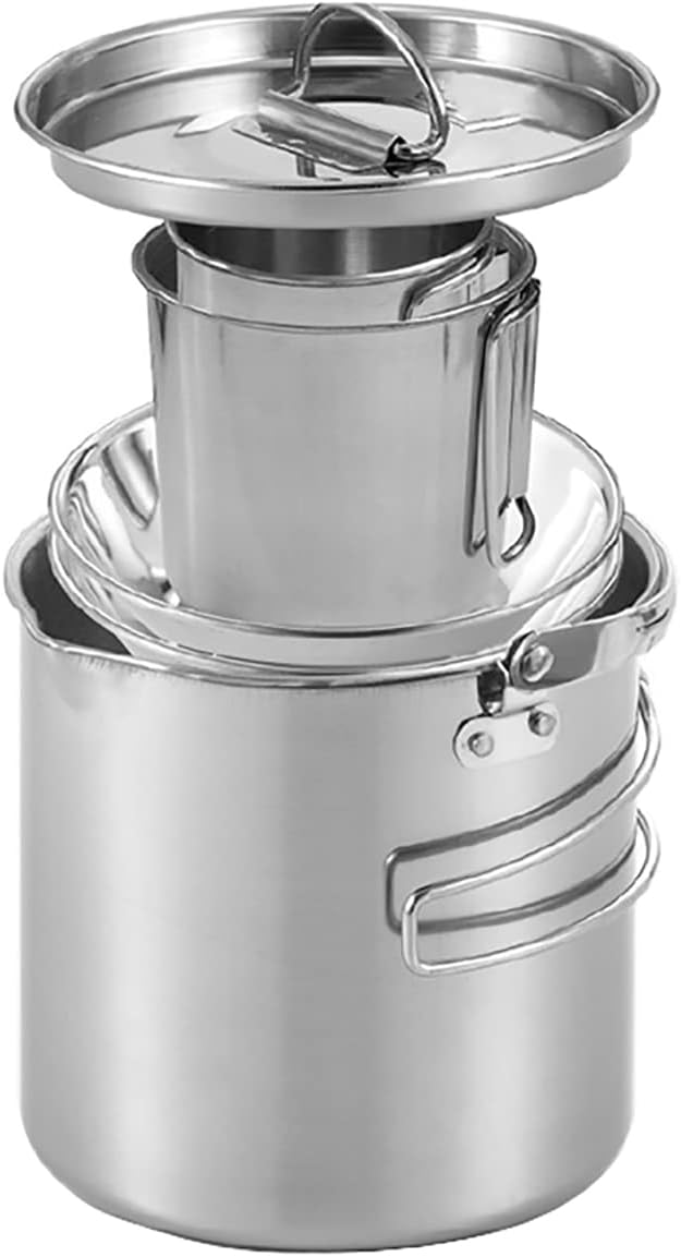 Camping Coffee Kettle and Mugs Set - Stainless Steel Pot with Collapsible Handle and Lid - Boiling Water with Open Fire for Hiking Backpacking Picnic Outdoor - 1.2 L