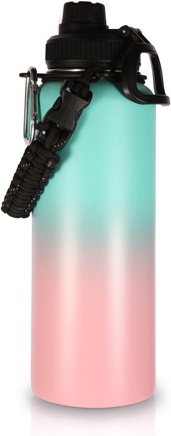Volhoply 40 oz Insulated Water Bottles Paracord Handle, Stainless Steel Bottle with Spout Lid, Double Walled Travel Water Cups with Wide Mouth, Reusable Water jug for Adults (Green Pink, 1 Set)