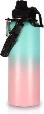 Volhoply 40 oz Insulated Water Bottles Paracord Handle, Stainless Steel Bottle with Spout Lid, Double Walled Travel Water Cups with Wide Mouth, Reusable Water jug for Adults (Green Pink, 1 Set)