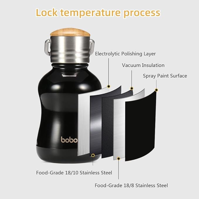 YOHKOH Mini Vacuum Insulated Water Bottle With Bamboo Lid - Stainless Steel Thermos Water Bottle for Women Girls Kids, Metal Sports Hot and Cold Water Bottle Leak-Proof BPA-Free (6.4oz,Black)