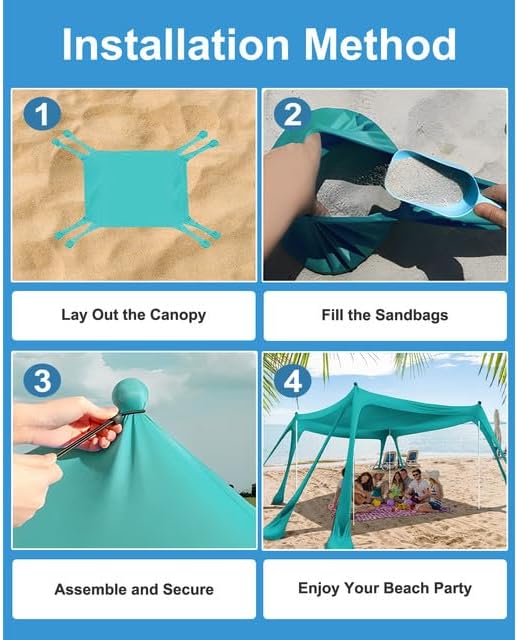 Beach Tent Sun Shelter with 8 Sandbags 10x10ft, Portable Beach Tent Upf50+ UV Protection, Shade Canopy with 4 Stability Poles