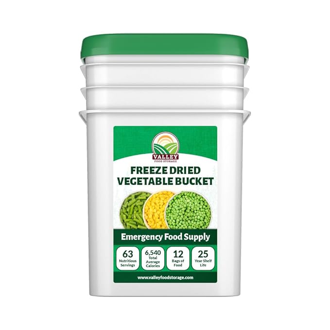 Freeze Dried Vegetable Bucket | 12 Pouches Premium Emergency Food Supply | Survival Food 25 Year Shelf Life | Camping Food, Backpacking Meals, Prepper Supplies | Valley Food Storage Packaged in USA