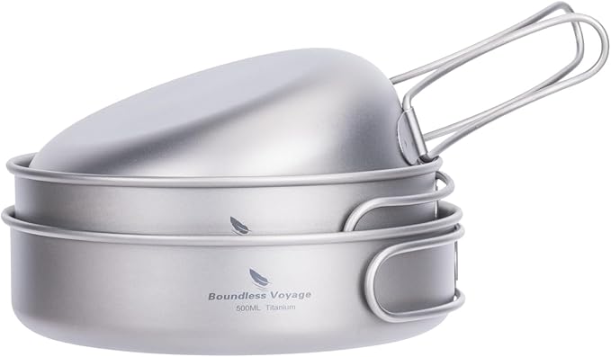 Camping Titanium Pots Set Titanium Bowl Set Outdoor Cookware Cooking Pan Pot with Folding-Handle Travel Kitchen Mess Kits Picnic Hiking Dishes ti2031c
