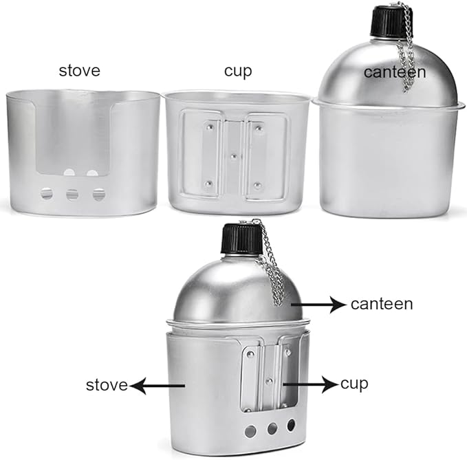 Canteen Cup Stove Pouch Kit Military Canteen with Cup for Outdoor Camping Survival Hiking Backpacking