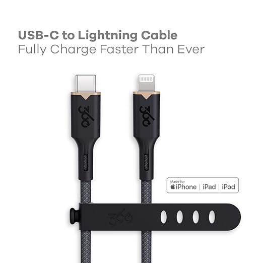 360 Electrical Lightning to USB-C Charging Cable – 5ft, MFi Certified, Fast Charge Compatible, Durable & Tangle-Free