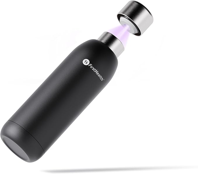 FIRSTHEALTH UV Self Cleaning and Water Purifying Bottle -18 Ounce Insulated Rechargeable Stainless-Steel Tumbler, Reusable, Kills 99.9% of Germs, Bacteria. Keeps Hot for 12-HR or Cold for 24-HR