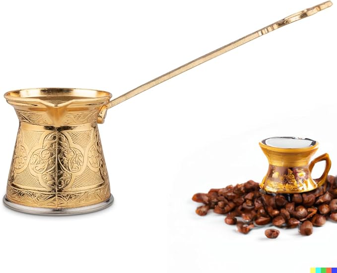 Alisveristime Authentic Turkish Coffee Pot, Handmade Cezve/Ibrik, Multiple Sizes and Colors Available - Enhance Your Coffee Experience Now! (Gold, 1 Cup)