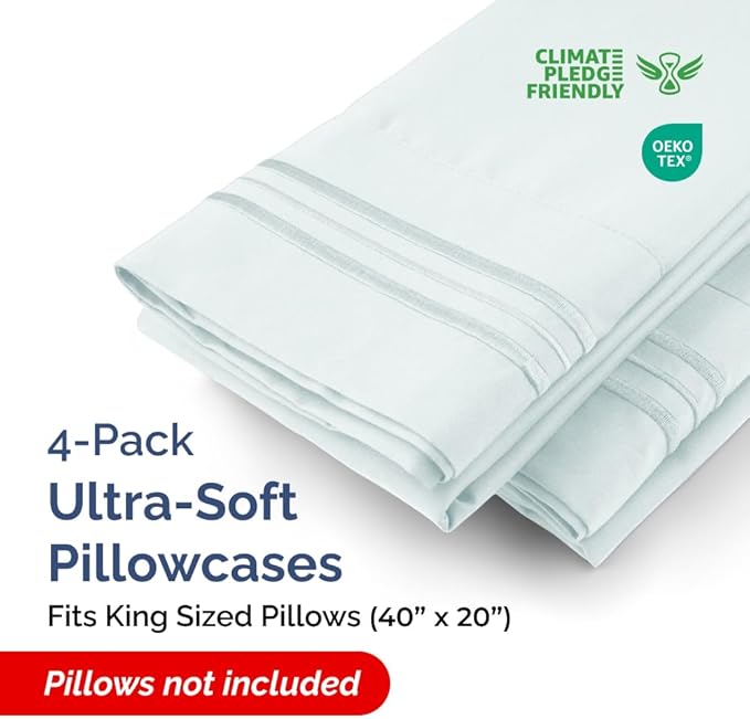 Pillowcases - Ultra Soft Hotel Quality Pillowcase Covers - Comfy, Cozy & Wrinkle Free - Shrinkage and Fade Resistant - Machine Washable Pillow Protectors - (King, Ice Blue, 4 Piece Set)