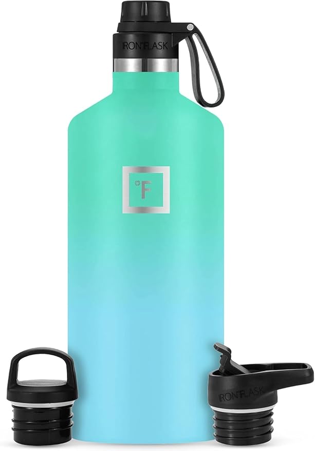 IRON °FLASK Camping & Hiking Hydration Canteens - 3 Lids (Narrow Spout Lid) Leak Proof Vacuum Insulated Stainless Steel - Hot & Cold Double Walled Sports Water Bottle - Sky, 64 Oz
