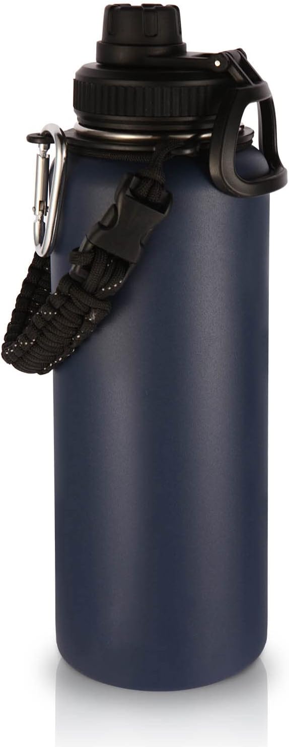 Volhoply 40 oz Insulated Water Bottles Paracord Handle, Stainless Steel Bottle with Spout Lid, Double Walled Vacuum Metal Travel Water Jug with Wide Mouth (Navy,1 Set)