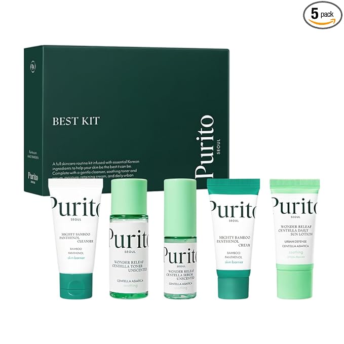 PURITO SEOUL Best Kit - Skincare Routine with Panthenol Cleanser & Cream, Unscented Centella Serum & Toner, For All Skin Types, Gift Set, For Face, Facial Serum, K-Beauty, 3.52 fl. oz.
