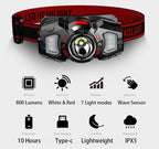 3 Headlamps, White&Red LED Headlamp, 70° Up&Down Adjustable, 4 Clips, Motion Switch, 800 Lumens, 500 Feet Distance and 10 Hours Running Time MAX, IPX5 Waterproof, for Camping, Hiking, Fishing