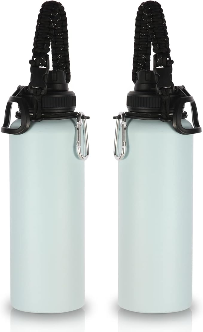 Volhoply Insulated Water Bottles Bulk 2 Pack, 40 oz Stainless Steel Bottle with Paracord Handle & Spout Lid, Double Walled Metal Water Cups with Wide Mouth, Reusable Big jug for Adults(Fog,2 Set)