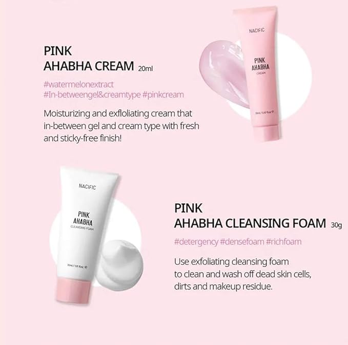 Nacific Pink AHA BHA Kit ( Cleansing Foam, Toner, Serum, Cream ) Travel Size Skin Care Set by KOSBEAUTY