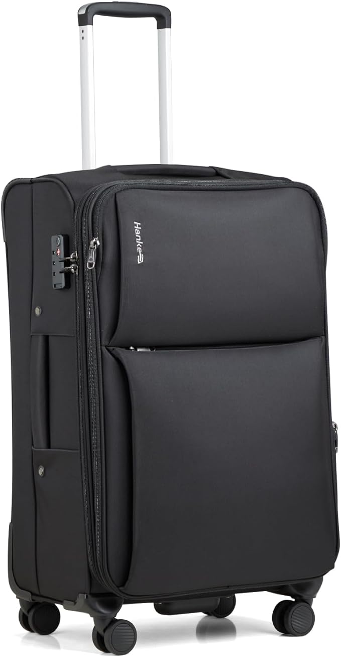 Hanke 24 Inch Luggage Expandable Softside Checked Suitcases with Spinner Wheels, Upright Rolling Luggage Suitcases Travel TSA Luggage Bag for Women Men(Black)