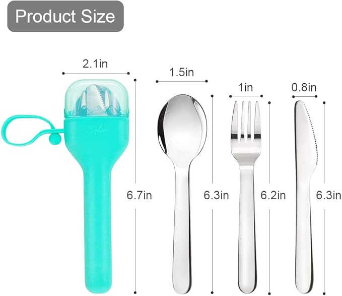 Sophico Travel Utensils Set for Camping and Kids Lunch Box, Stainless Steel Fork and Spoon, Knife Silverware Flatware Sets with Silicone Case - Portable & Leak-proof, Dishwasher Safe (Mint, 1 Set)